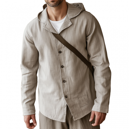 Men's Casual Solid Color Breathable Linen Lapel Hooded Loose Long Sleeve Shirt