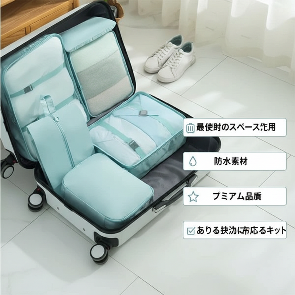 TRAVEL 旅行用収納ポーチ8点セット ー スーツケースの収納スペースを最大3倍に拡張