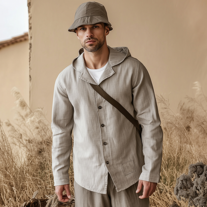 Men's Casual Solid Color Breathable Linen Lapel Hooded Loose Long Sleeve Shirt