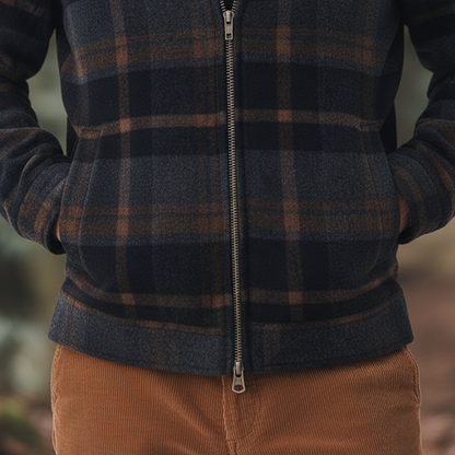 Men's Winter Retro Color-blocked Plaid Faux Wool Zip-up Jacket