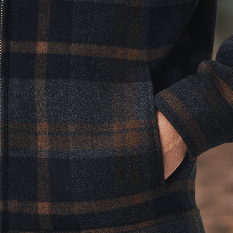 Men's Winter Retro Color-blocked Plaid Faux Wool Zip-up Jacket