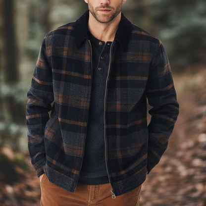 Men's Winter Retro Color-blocked Plaid Faux Wool Zip-up Jacket