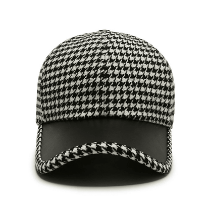 Men’s Houndstooth Baseball Cap | Brown Leather Cap with Brim