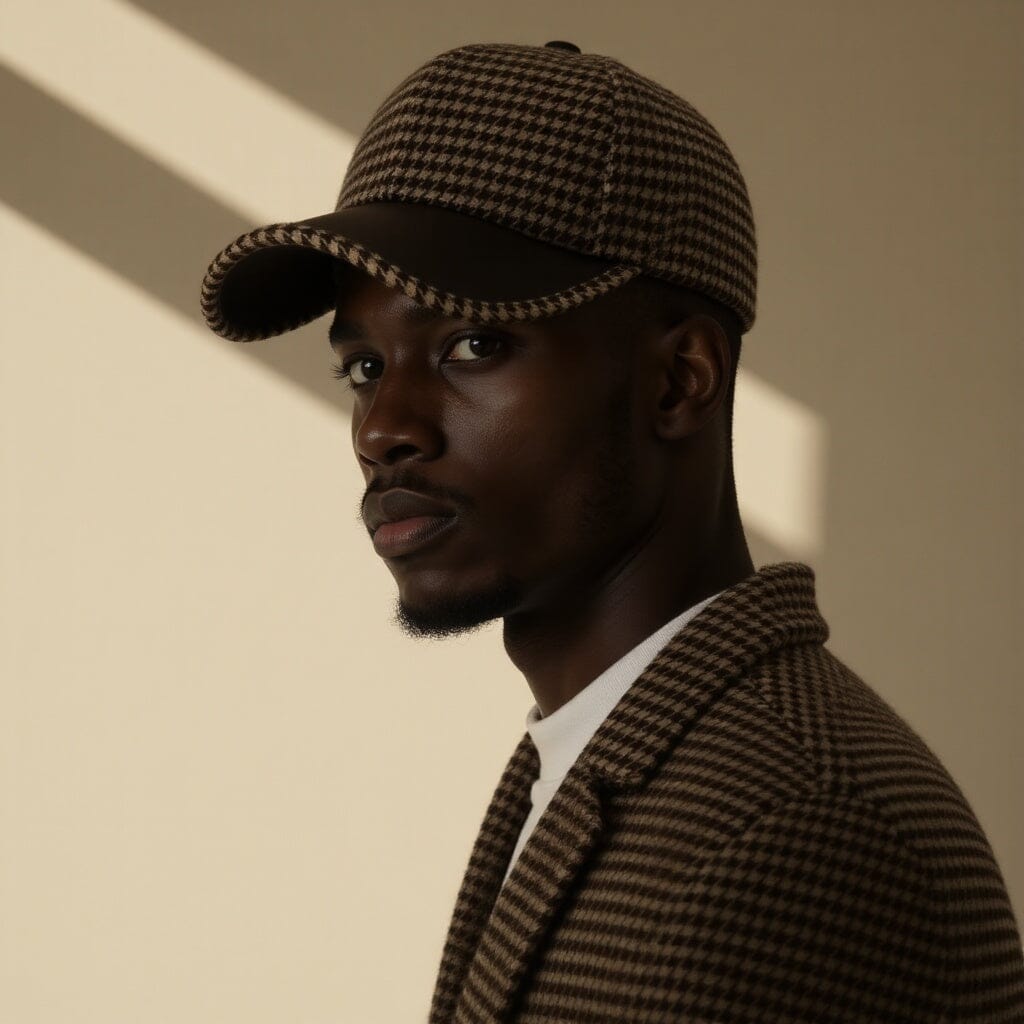 Men’s Houndstooth Baseball Cap | Brown Leather Cap with Brim