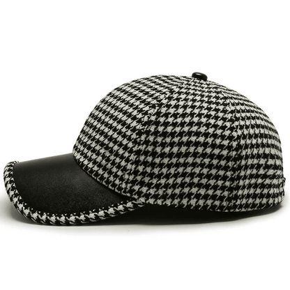 Men’s Houndstooth Baseball Cap | Brown Leather Cap with Brim