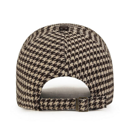 Men’s Houndstooth Baseball Cap | Brown Leather Cap with Brim