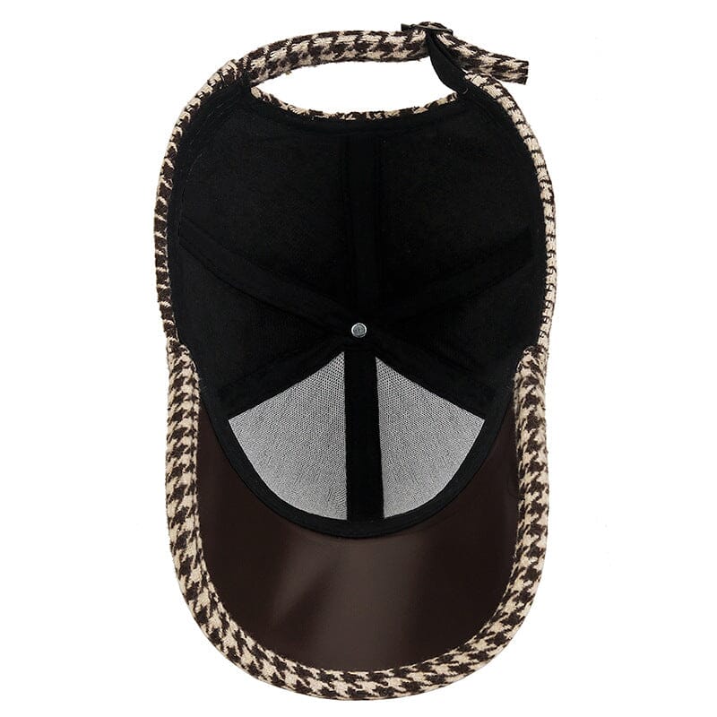 Men’s Houndstooth Baseball Cap | Brown Leather Cap with Brim