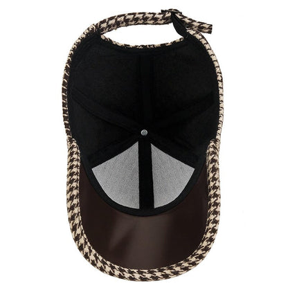 Men’s Houndstooth Baseball Cap | Brown Leather Cap with Brim