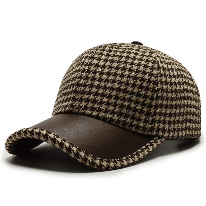 Men’s Houndstooth Baseball Cap | Brown Leather Cap with Brim
