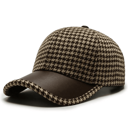 Men’s Houndstooth Baseball Cap | Brown Leather Cap with Brim