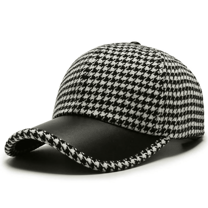 Men’s Houndstooth Baseball Cap | Brown Leather Cap with Brim