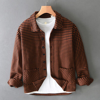 Men’s Houndstooth Jacket | Rustic Brown Shirt Jacket for Autumn