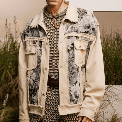 Men’s Patchwork Denim Jacket | Vintage Floral Jacket with Fringe Details