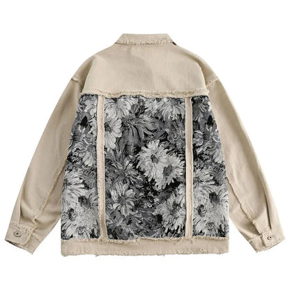 Men’s Patchwork Denim Jacket | Vintage Floral Jacket with Fringe Details