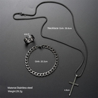 Men’s Cross Necklace Jewelry Set | Black Stainless Steel Chain Bracelet and Ring