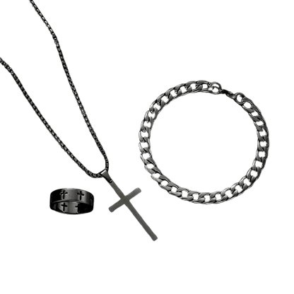Men’s Cross Necklace Jewelry Set | Black Stainless Steel Chain Bracelet and Ring