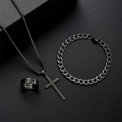 Men’s Cross Necklace Jewelry Set | Black Stainless Steel Chain Bracelet and Ring
