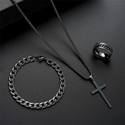 Men’s Cross Necklace Jewelry Set | Black Stainless Steel Chain Bracelet and Ring