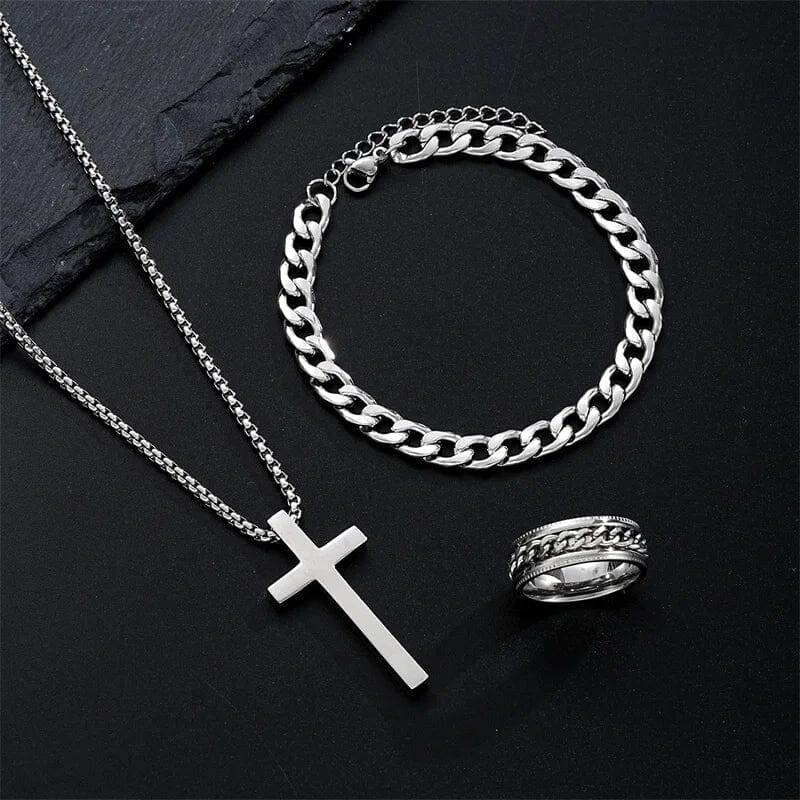 Men’s Cross Necklace Jewelry Set | Black Stainless Steel Chain Bracelet and Ring