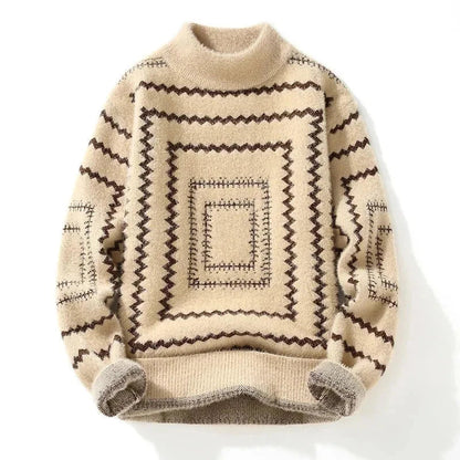Men’s Turtleneck Knitted Sweater | Warm Beige Wool Sweater with Zigzag Pattern