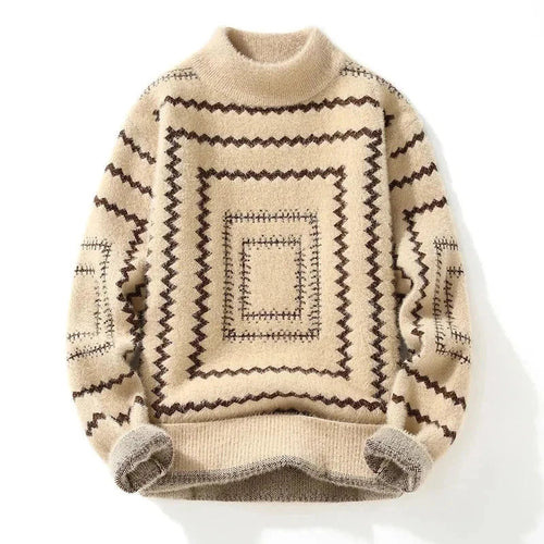 Men’s Turtleneck Knitted Sweater | Warm Beige Wool Sweater with Zigzag Pattern