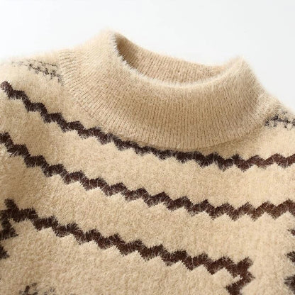 Men’s Turtleneck Knitted Sweater | Warm Beige Wool Sweater with Zigzag Pattern