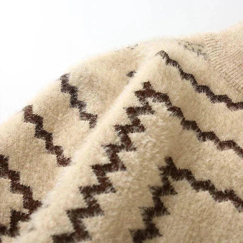 Men’s Turtleneck Knitted Sweater | Warm Beige Wool Sweater with Zigzag Pattern