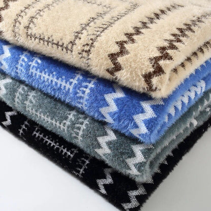 Men’s Turtleneck Knitted Sweater | Warm Beige Wool Sweater with Zigzag Pattern