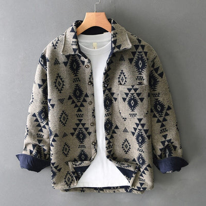 Men’s Wool Jacket with Jacquard Pattern | Casual Retro Shirt Jacket for Autumn