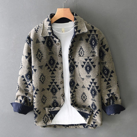 Men’s Wool Jacket with Jacquard Pattern | Casual Retro Shirt Jacket for Autumn