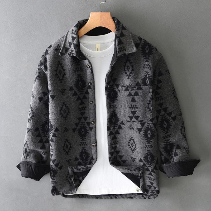Men’s Wool Jacket with Jacquard Pattern | Casual Retro Shirt Jacket for Autumn