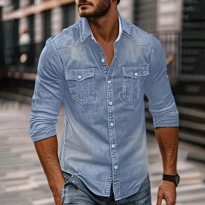 Men's Vintage Washed Distressed Denim Lapel Shirt