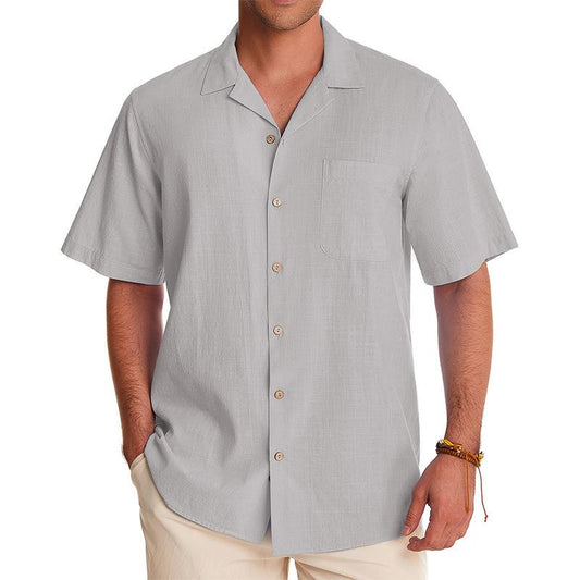 Men's Vintage Solid Color Breast Pocket Lapel Short Sleeve Shirt