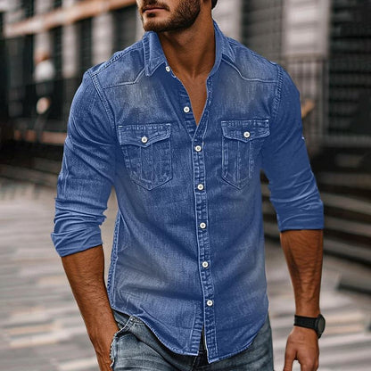 Men's Vintage Washed Distressed Denim Lapel Shirt
