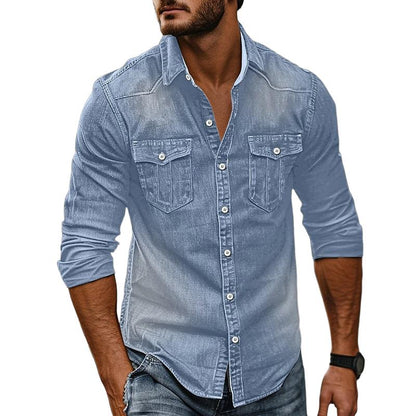 Men's Vintage Washed Distressed Denim Lapel Shirt